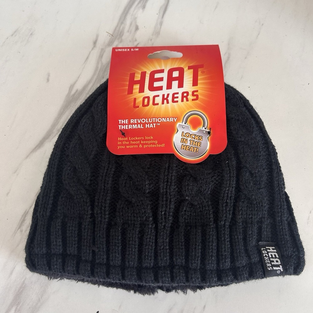 Heat Lockers Black S/M‎ Unisex Thermal Knit Hat Beanie Faux Fur Lined 183535